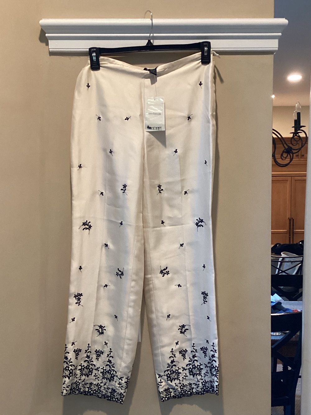 Ann Taylor Cream Silk Top with Black Embroidery